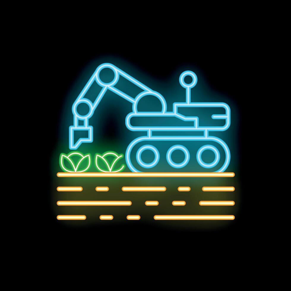 Neon icon of autonomous excavator working on farmland vector