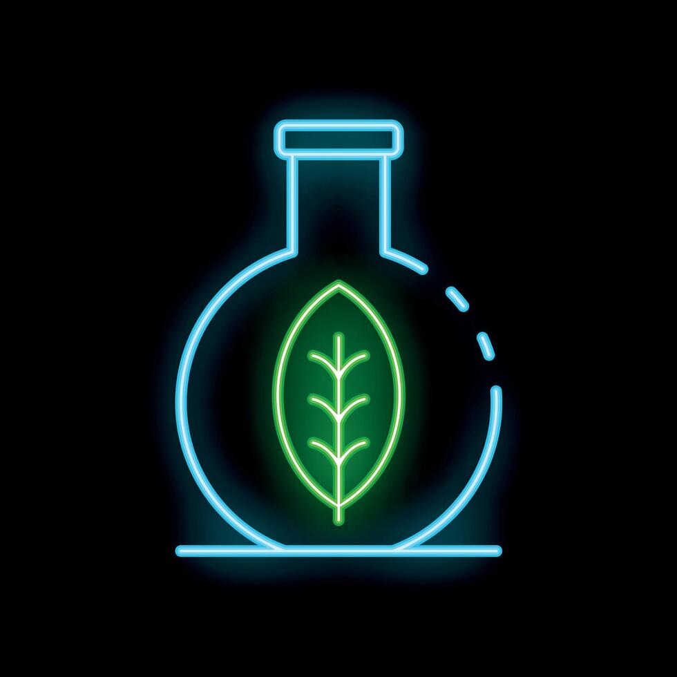 Neon icon of laboratory flask containing green leaf symbolizing bio research vector