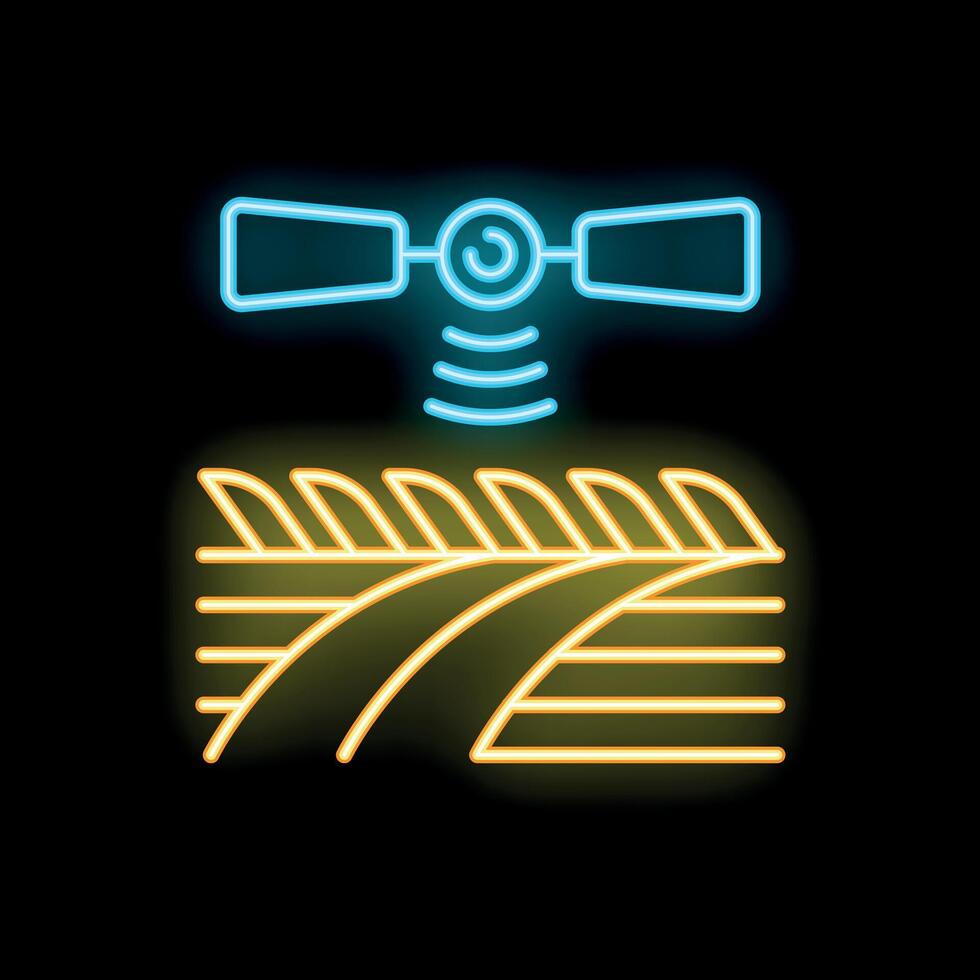 Neon icon of satellite scanning agricultural field for smart farming vector
