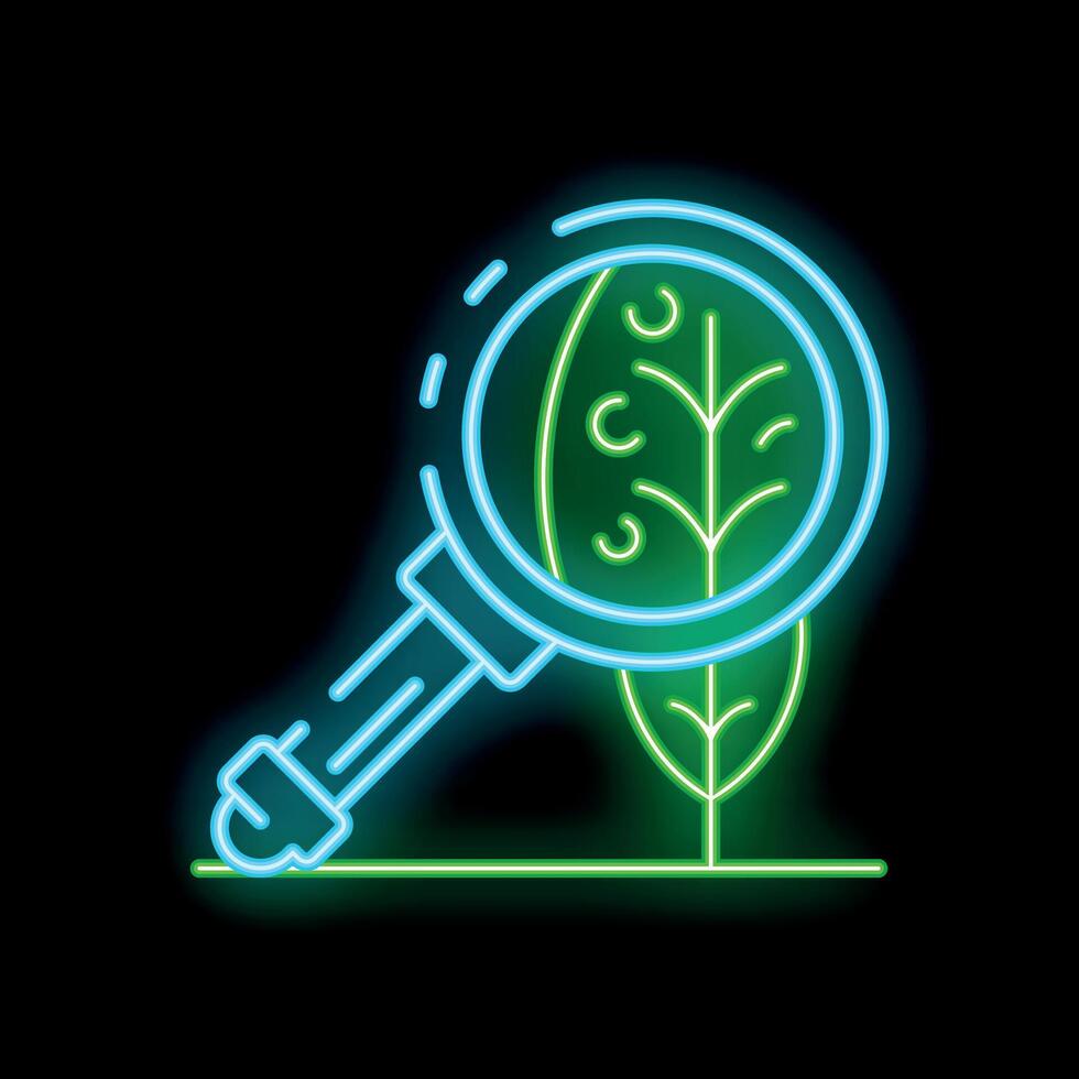 Neon style icon magnifying glass focusing on plant growth vector
