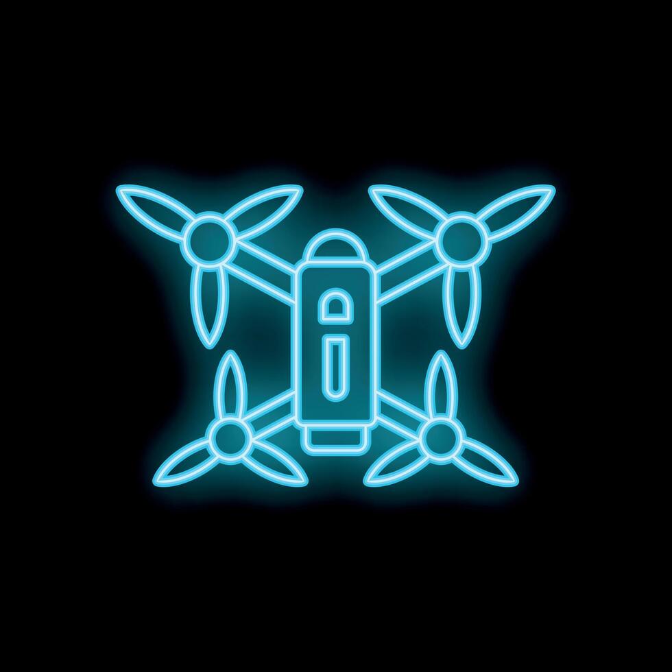 Blue neon sign of a drone flying with its four propellers spinning on black background vector