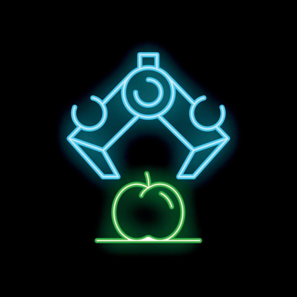 Neon icon of robotic arm picking up apple on black background vector