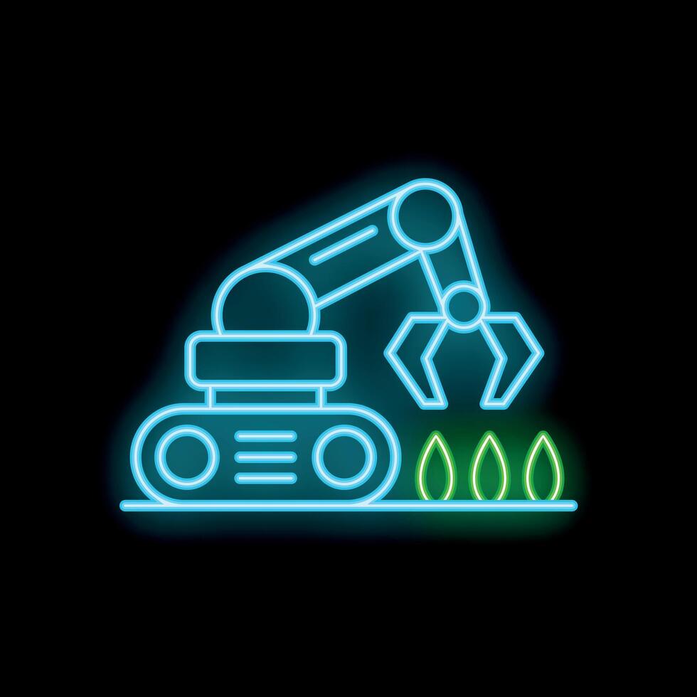 Neon icon of industrial robot picking up plants vector