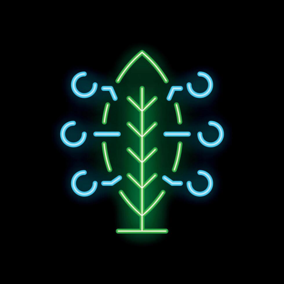 Neon green leaf surrounded by blue circles on black background vector