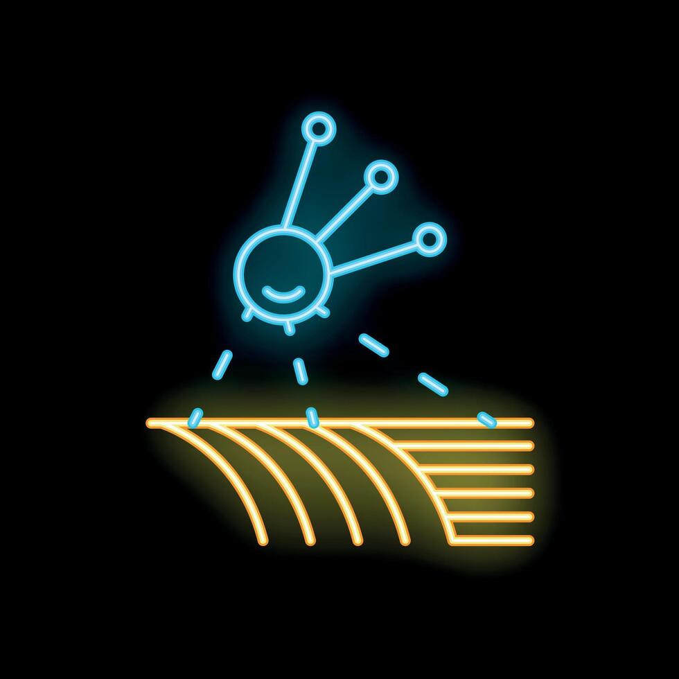 Neon icon of a drone spraying crops in precision agriculture vector