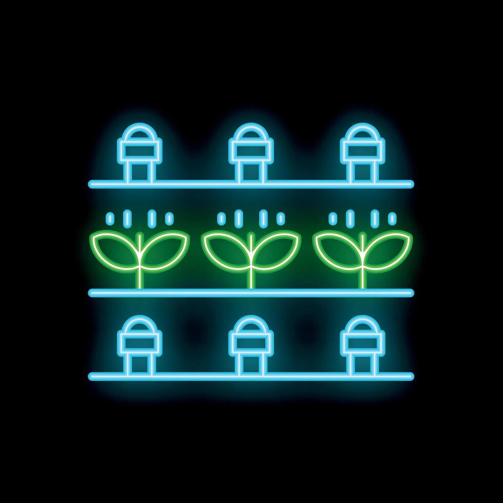 Neon icon of plants growing under lamps on shelves representing indoor farming vector