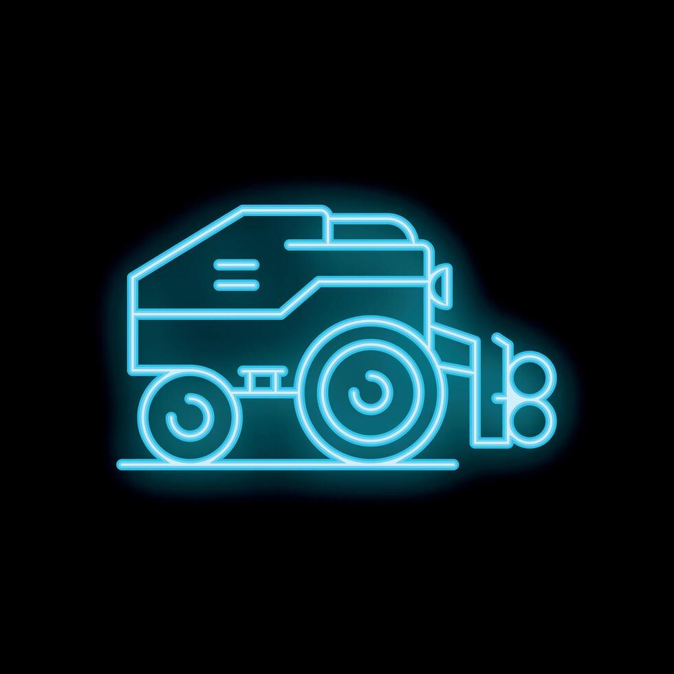 Blue neon combine harvester working at night on black background icon illustration vector
