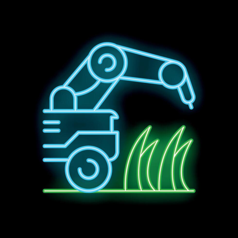 Neon icon of agricultural robot working with plants on farmland vector