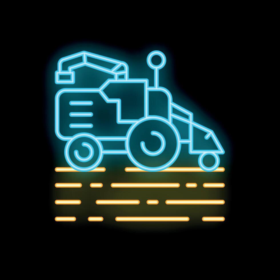 Neon combine harvester working in field at night icon illustration vector