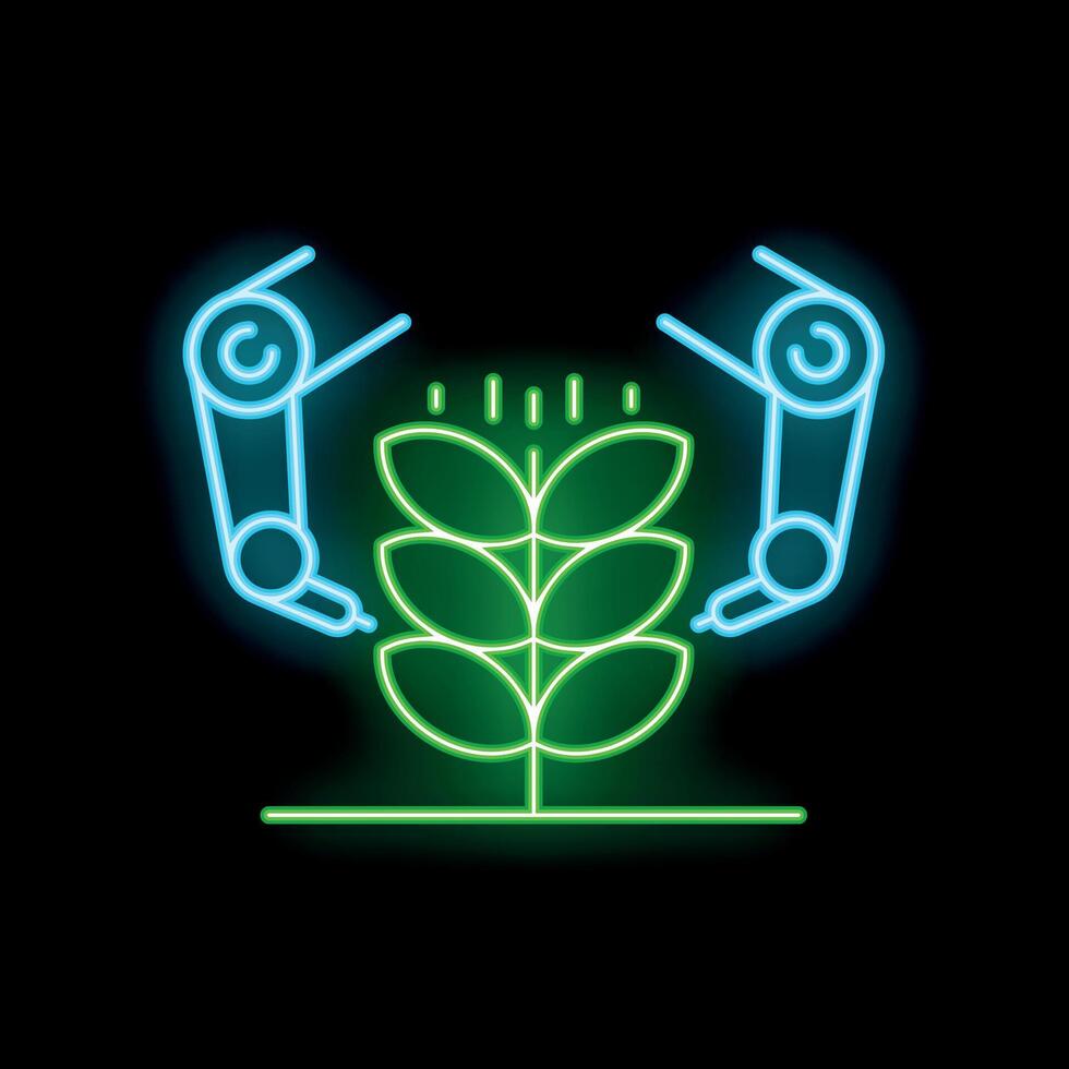 Neon icon of robotic arms holding growing plant for smart farming concept vector