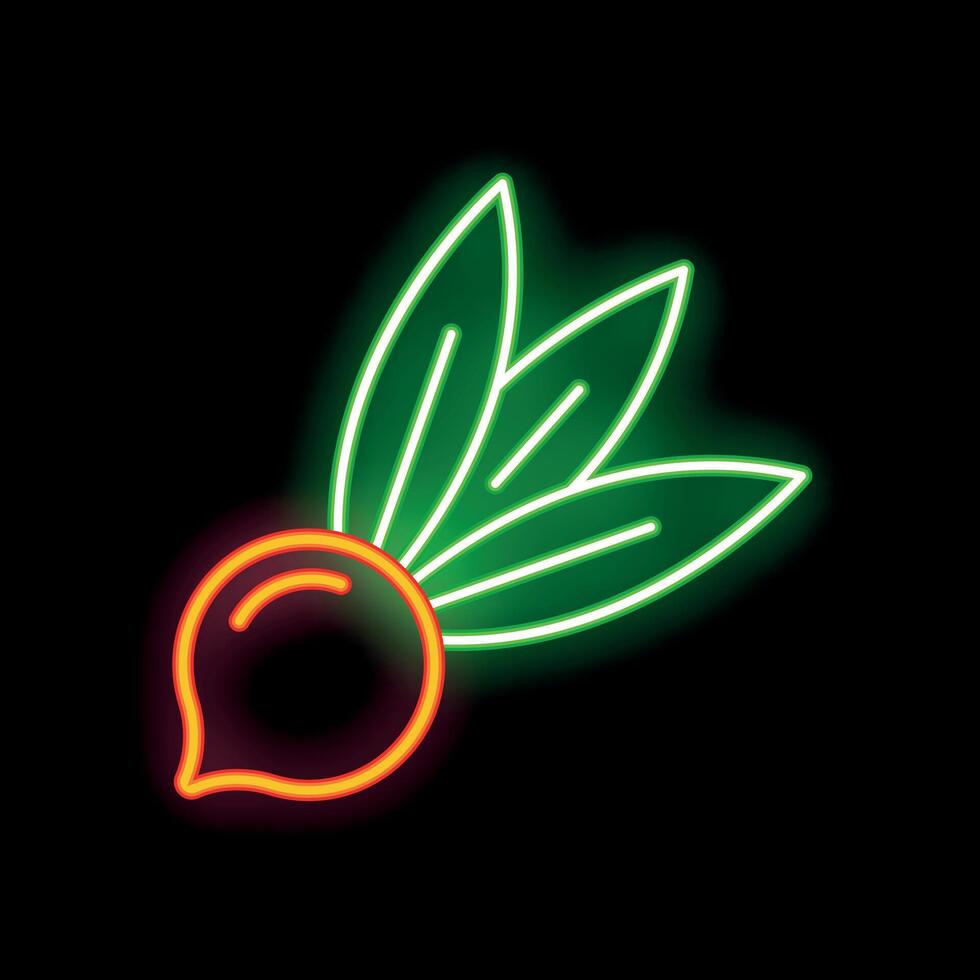 Glowing neon icon of beetroot with green leaves on black background vector