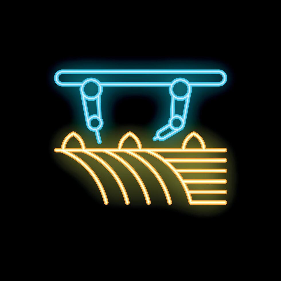 Neon icon of robotic arms seeding agricultural land vector