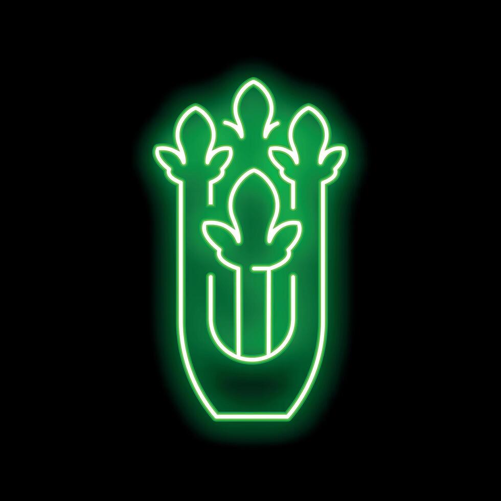 Green neon sign showing a stylized flower growing in a vase on a black background vector