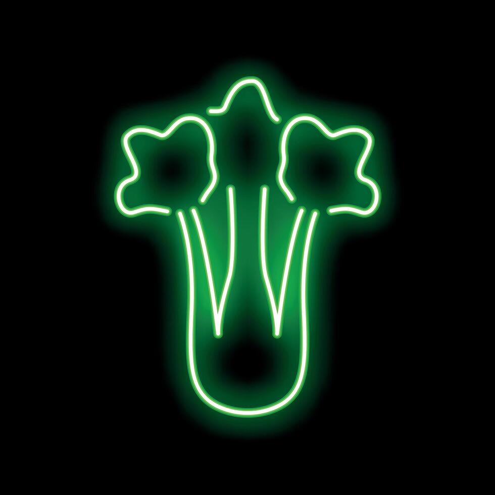Green neon sign showing a bunch of celery on a black background vector