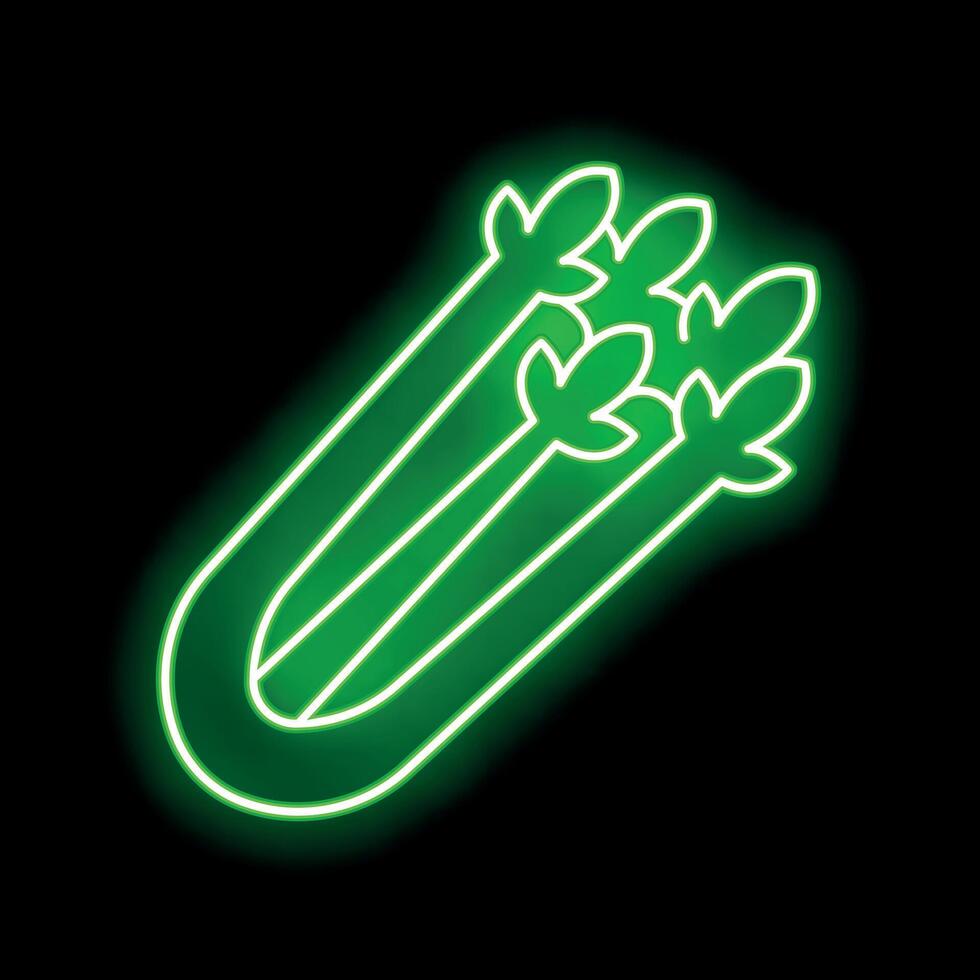 Green neon sign showing bunch of celery on black background vector