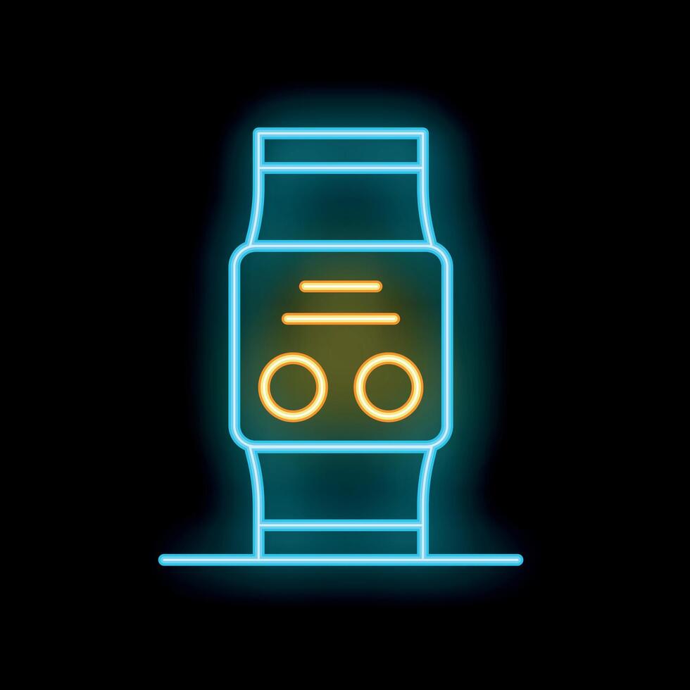 Neon icon of smart watch showing time and battery status on dark background vector