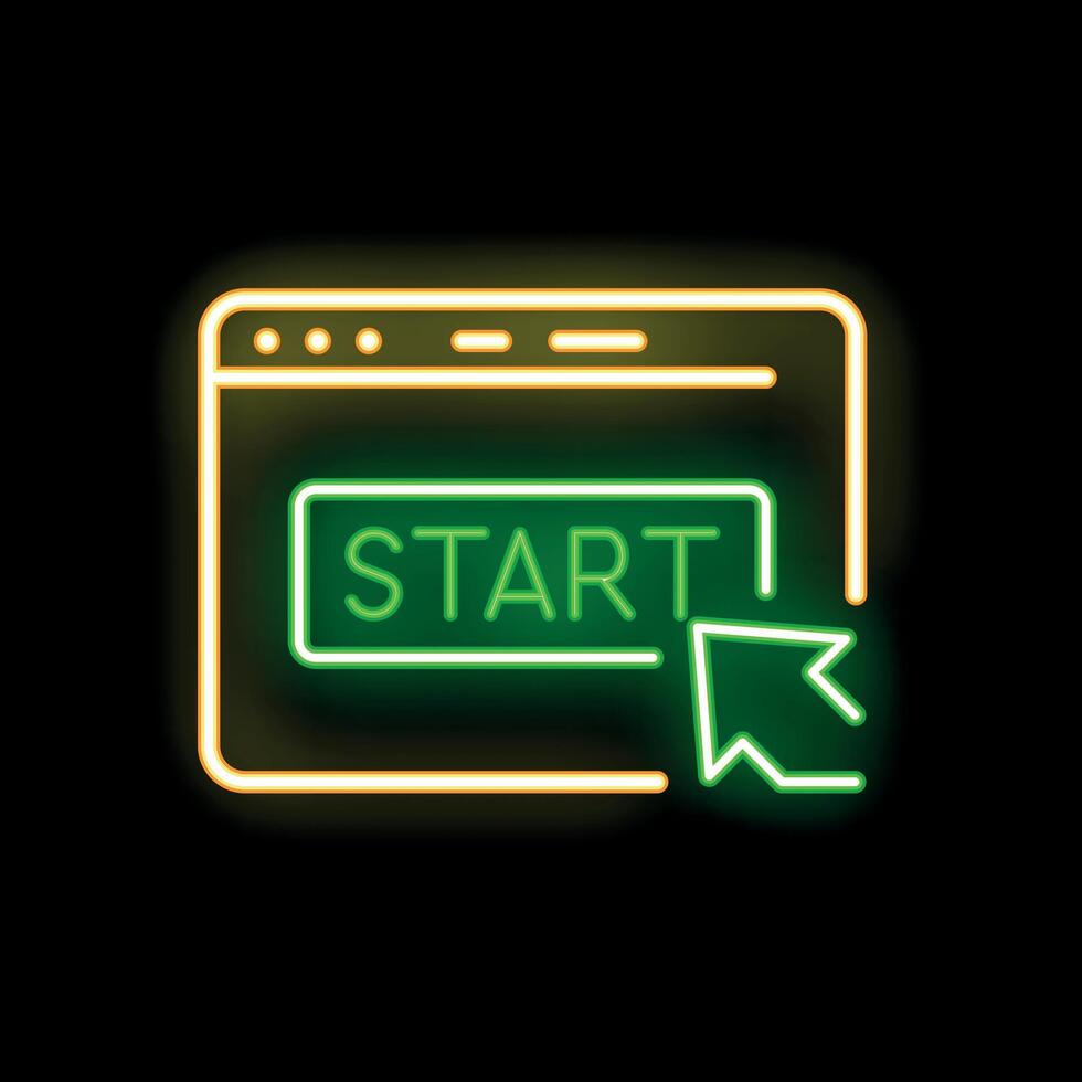 Neon start button on website with mouse clicking it vector