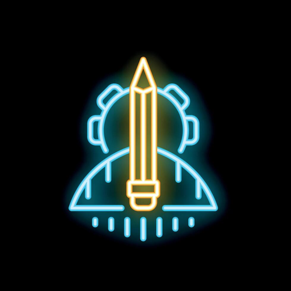 Neon sign of person thinking and generating ideas with pencil and cogwheel vector