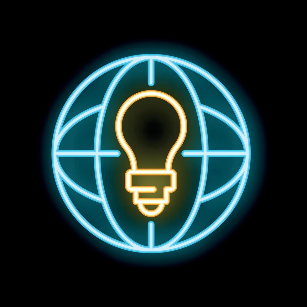 Neon icon of light bulb shining inside planet earth globe vector
