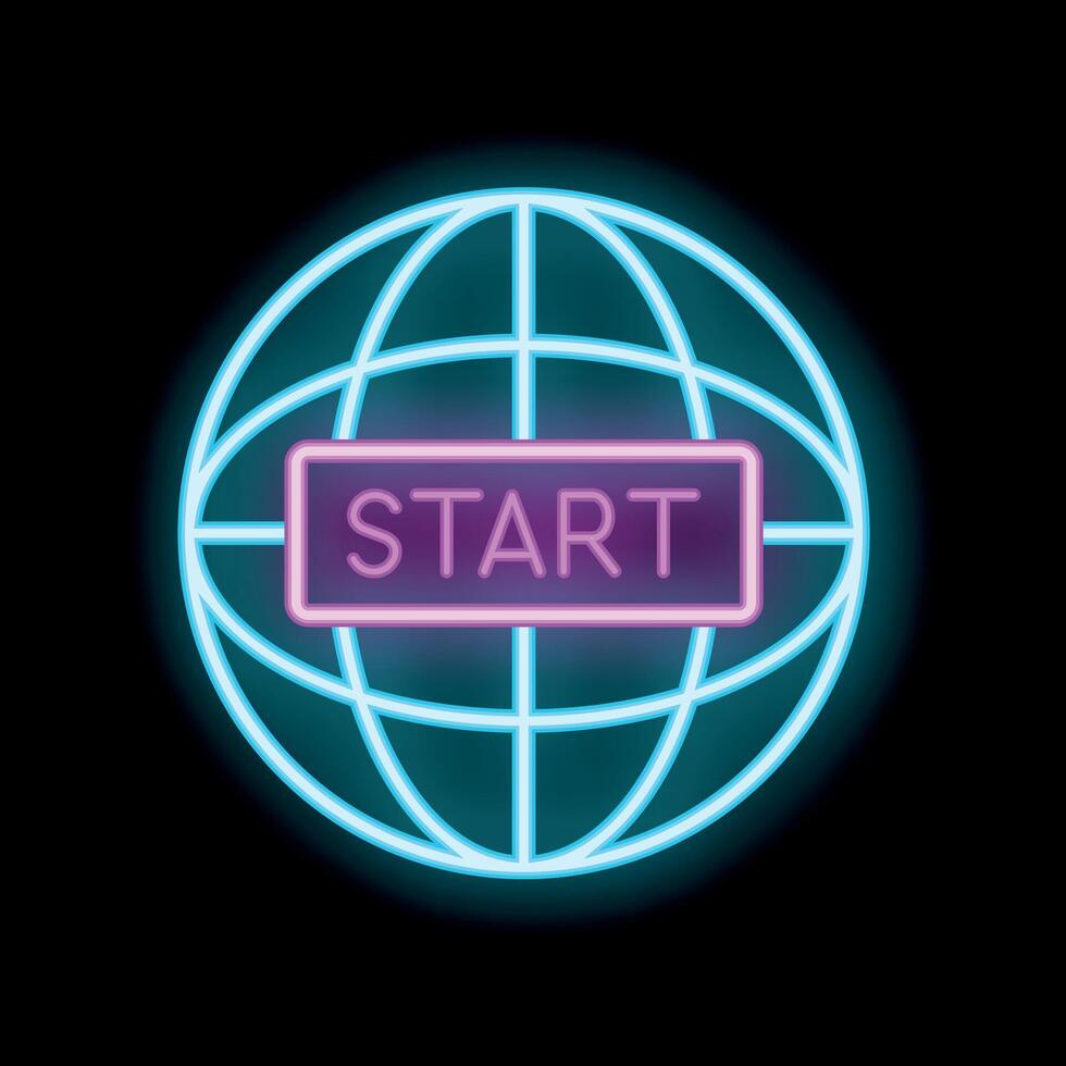 Neon sign showing start button overlaying a world grid on black background vector