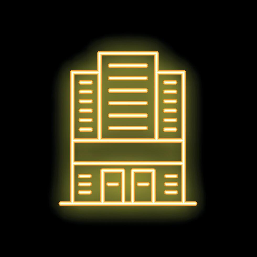 Neon yellow office building shining on black background vector