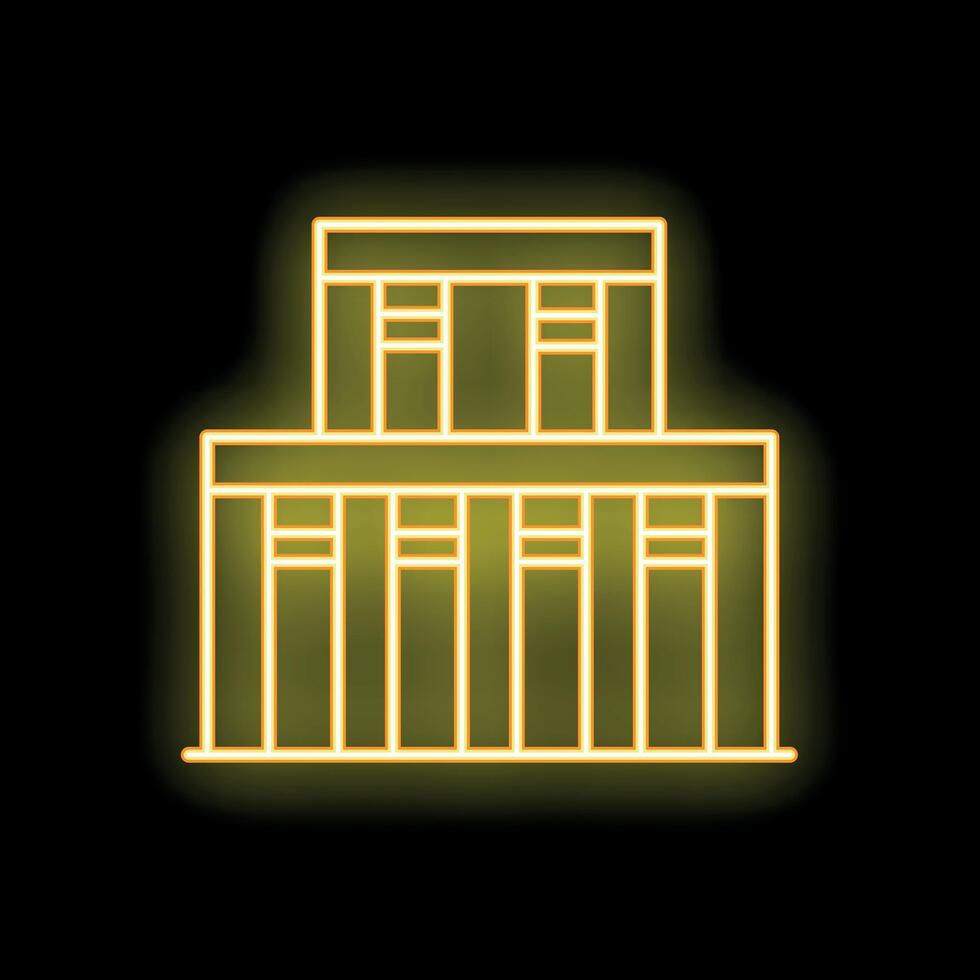 Yellow neon icon of a building glowing on a black background vector