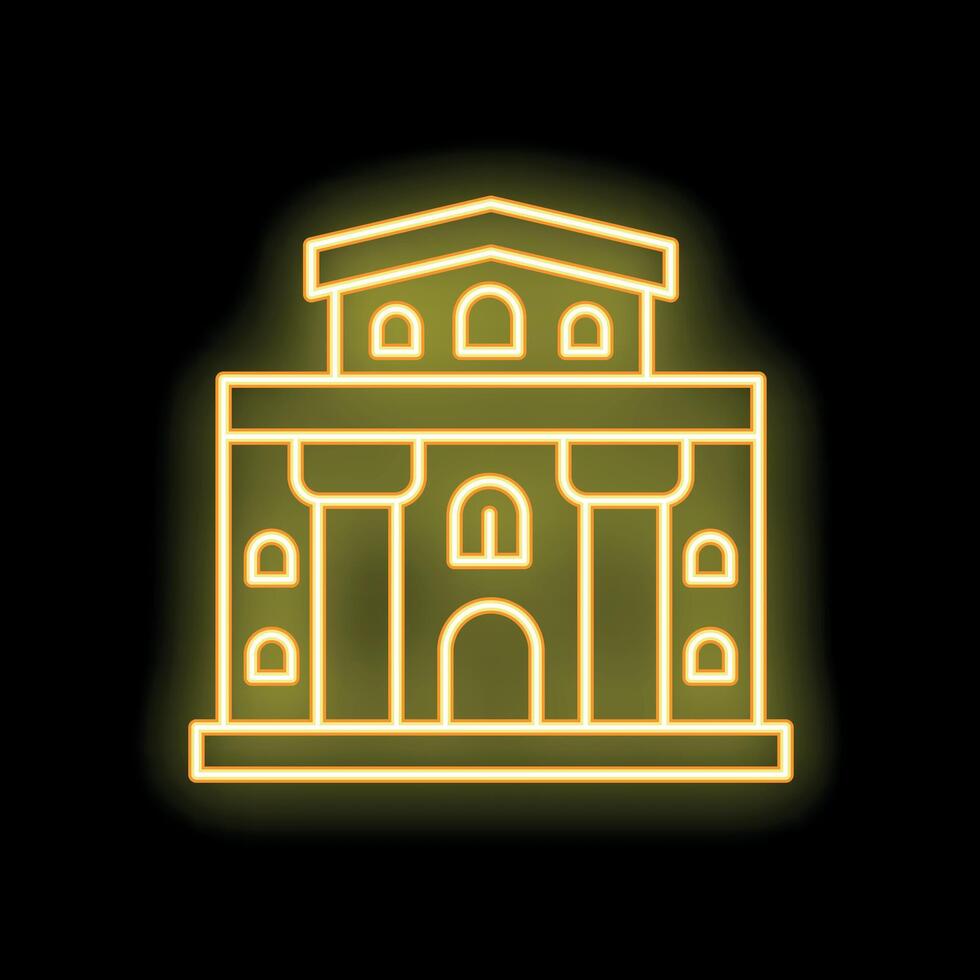 Yellow neon sign of a building with columns and windows on black background vector