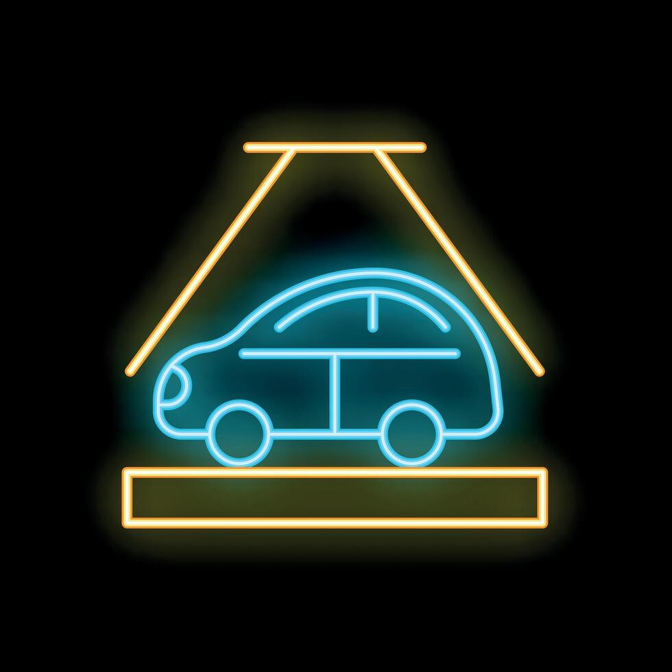 Neon sign of car getting lifted on platform for repair vector