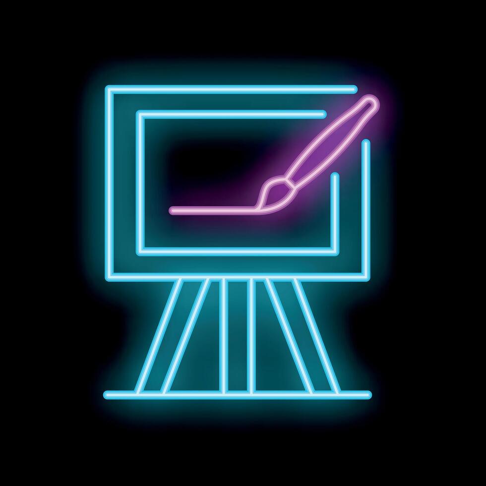 Glowing neon sign of easel with canvas and paintbrush on black background vector