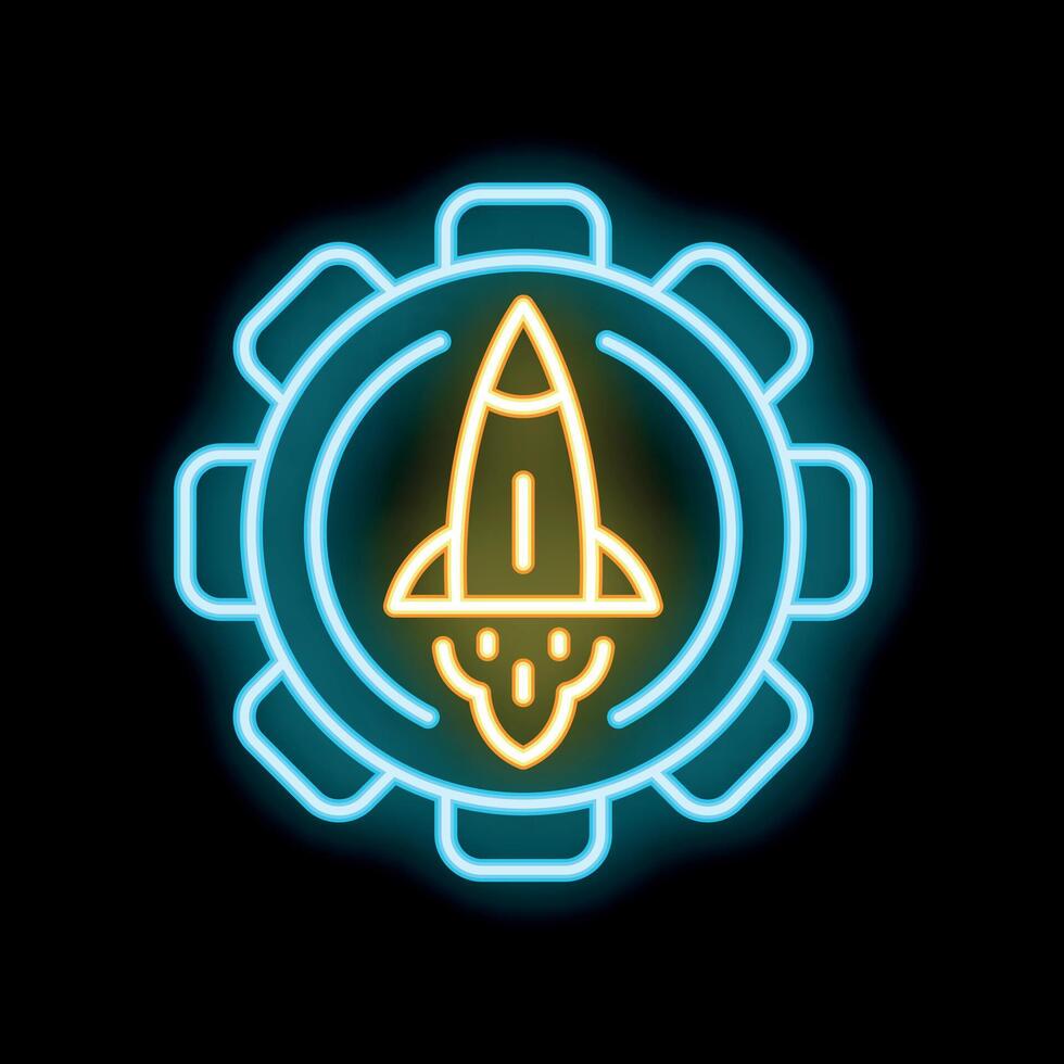 Neon rocket launching from gear mechanism startup business icon vector