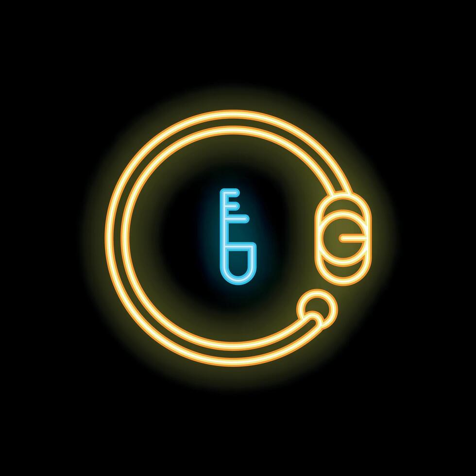 Neon sign showing a key inside a circle on black background vector