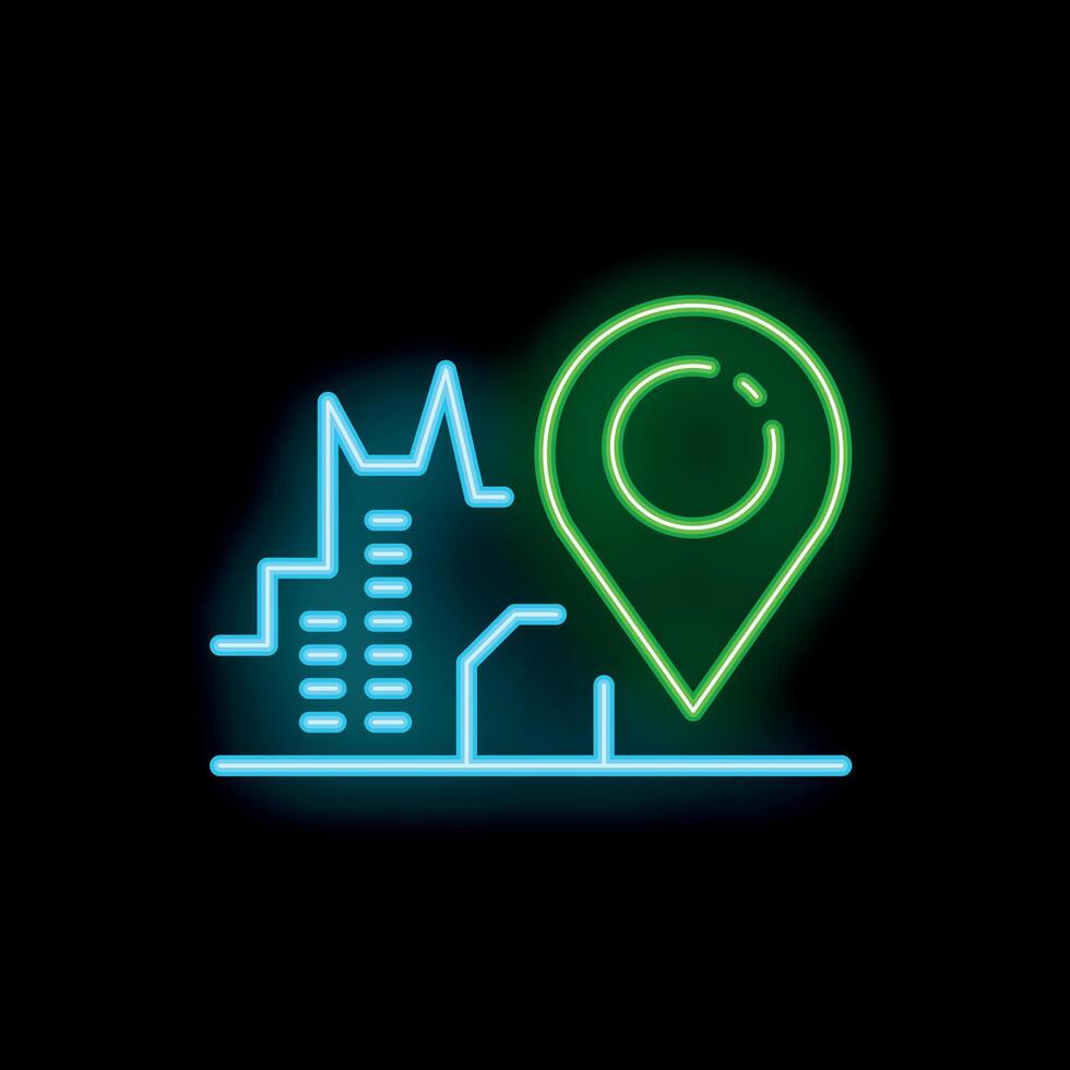 Glowing neon green location pin over cityscape on a black background vector