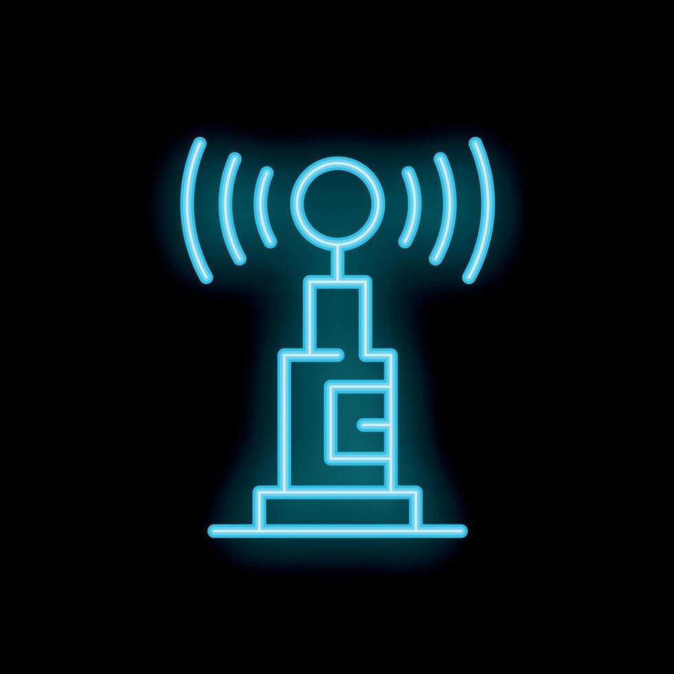 Neon radio tower broadcasting signal on black background vector
