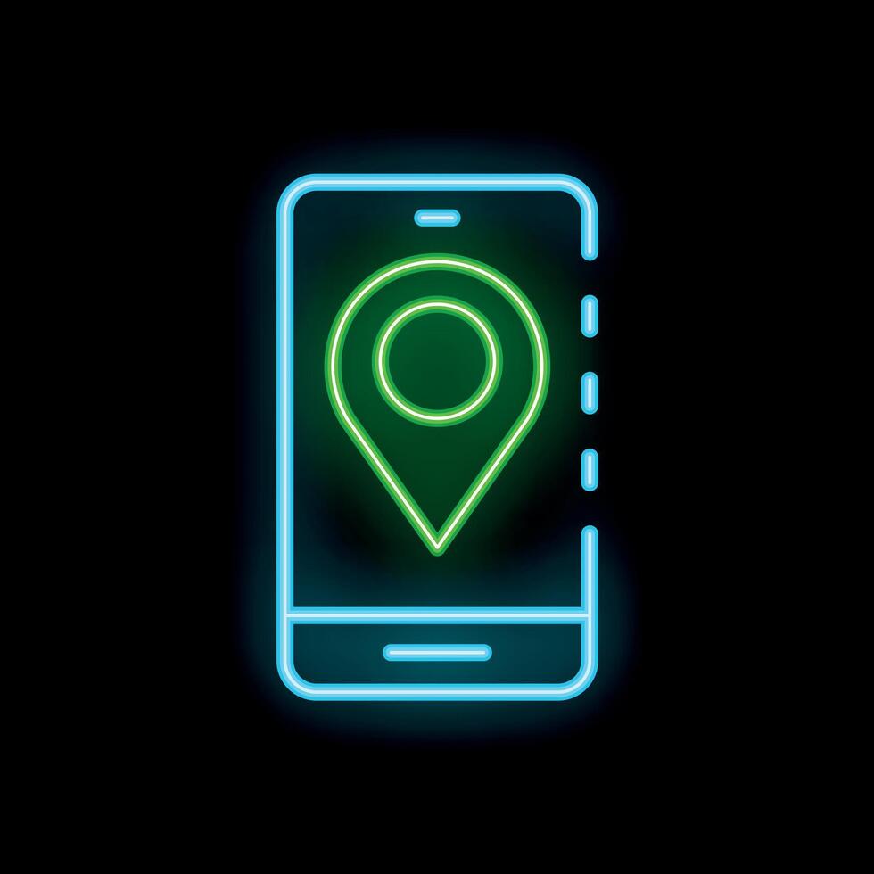 Neon smartphone showing location pin on black background vector