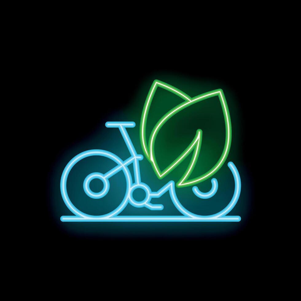 Neon sign showing bicycle with leaves symbolizing eco friendly transportation vector