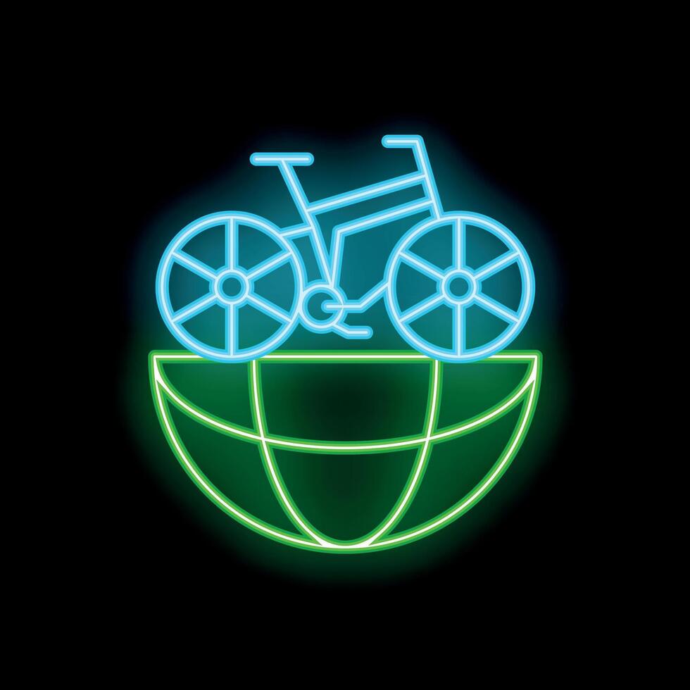 Neon sign of bike standing on top of planet earth for world bicycle day vector