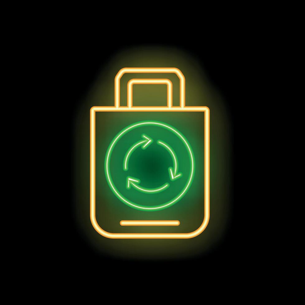 Neon sign showing a reusable shopping bag with a recycle symbol is glowing on a black background vector