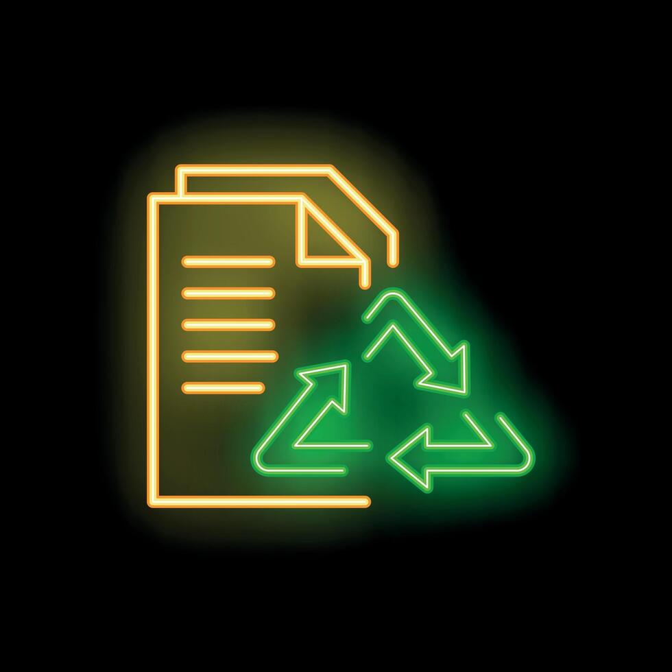 Neon icon of document being recycled with green arrows vector