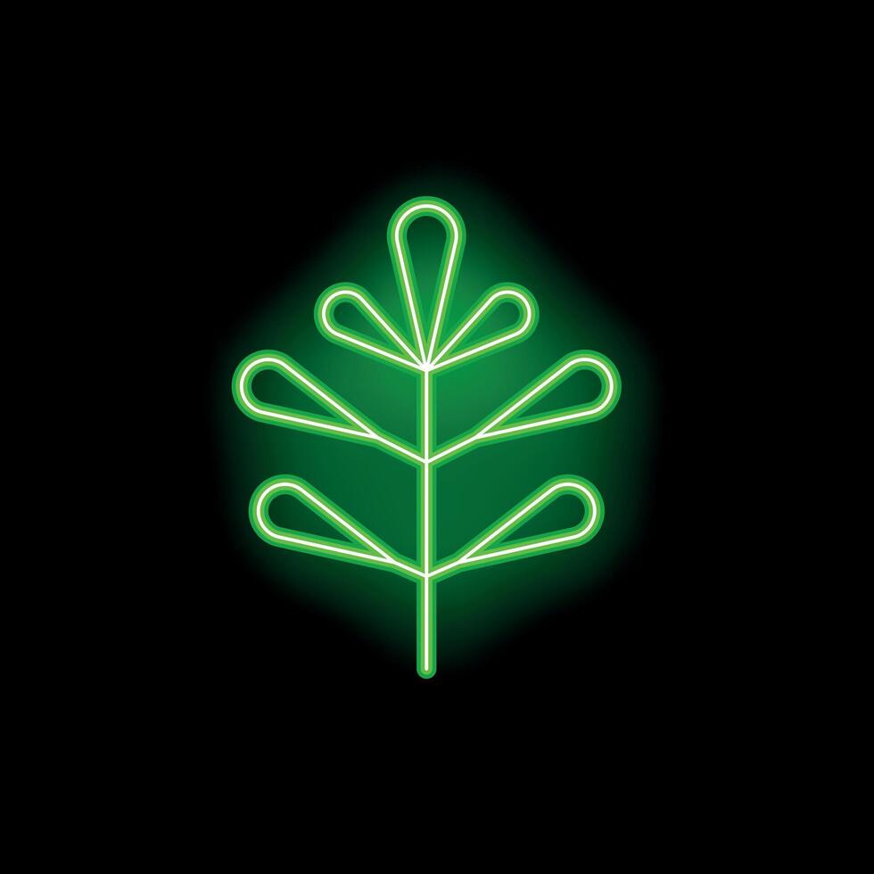 Green neon leaf glowing on black background vector