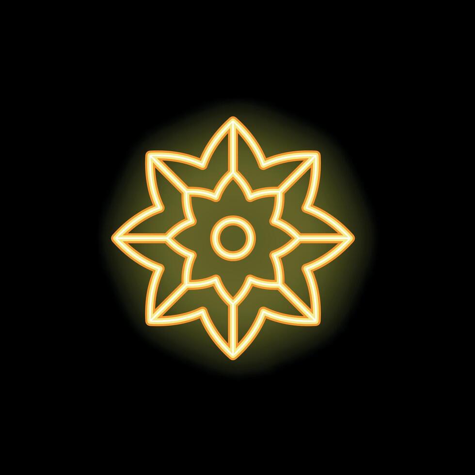 Bright yellow neon light showing eight pointed star shape on black background vector