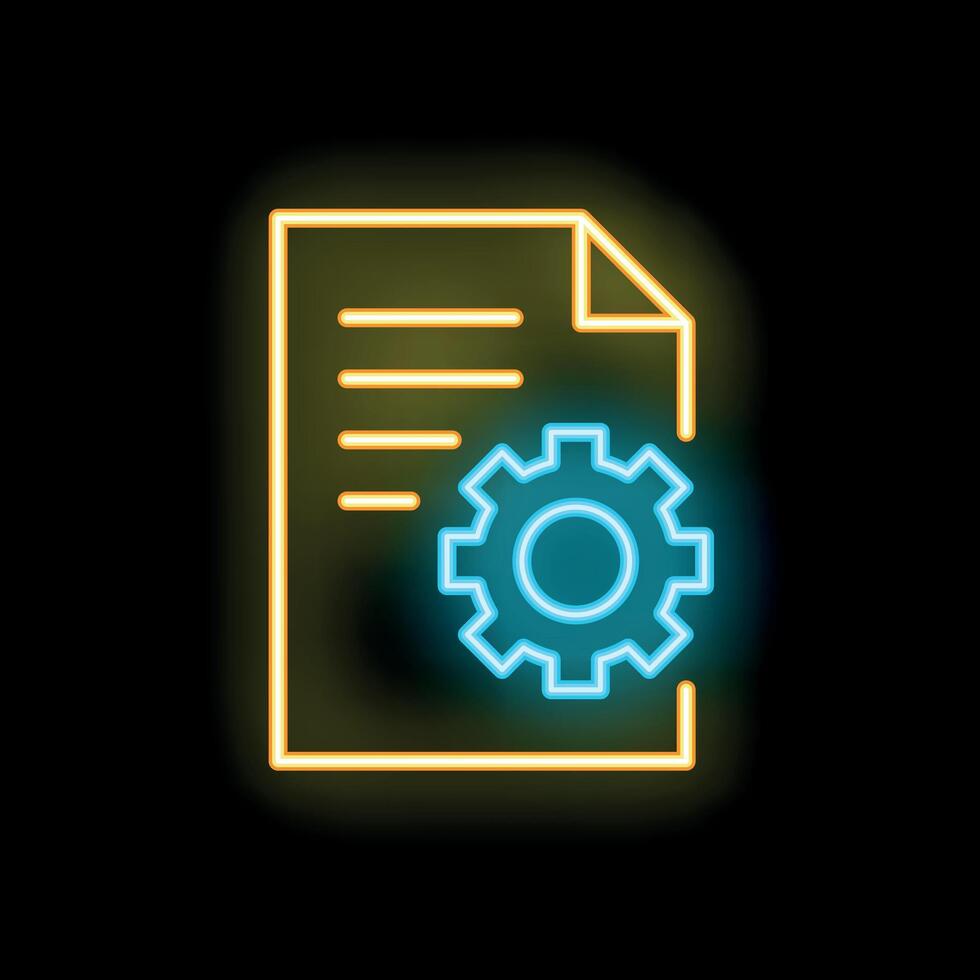 Neon icon of document being processed with gear vector