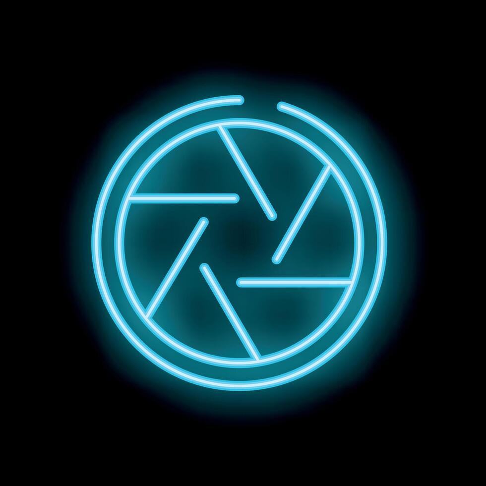Neon camera shutter glowing on black background vector