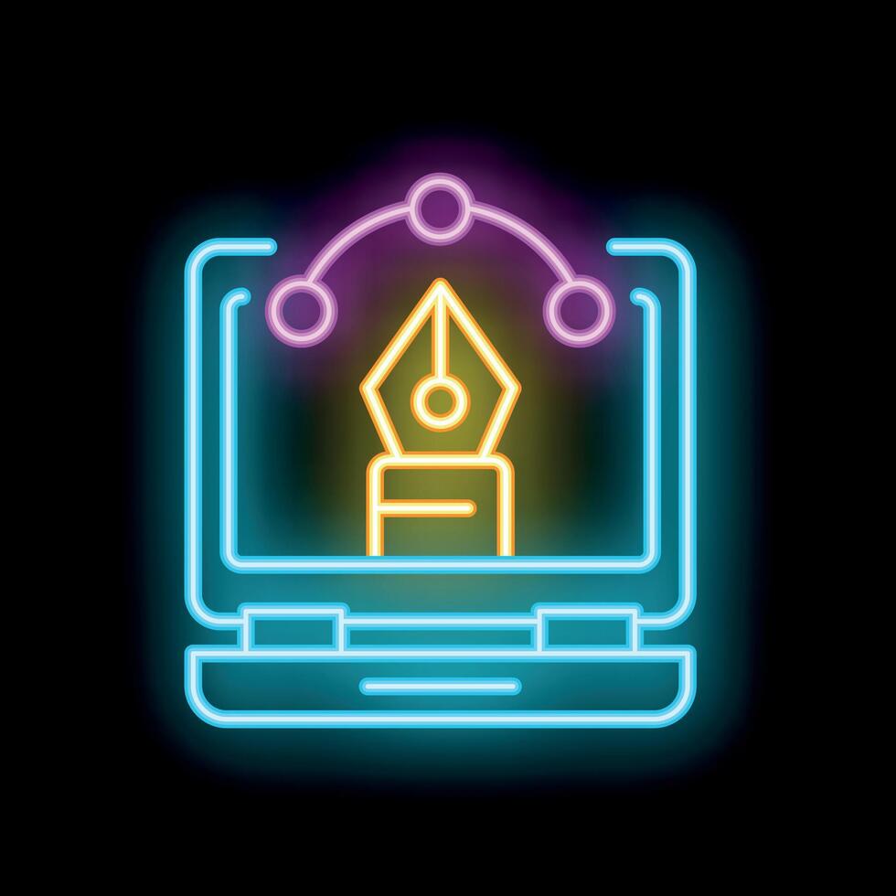 Neon icon of pen tool appearing over laptop keyboard representing digital illustration vector