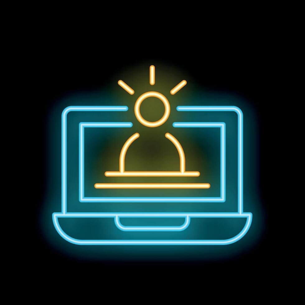 Neon laptop showing online tutor icon on black background vector