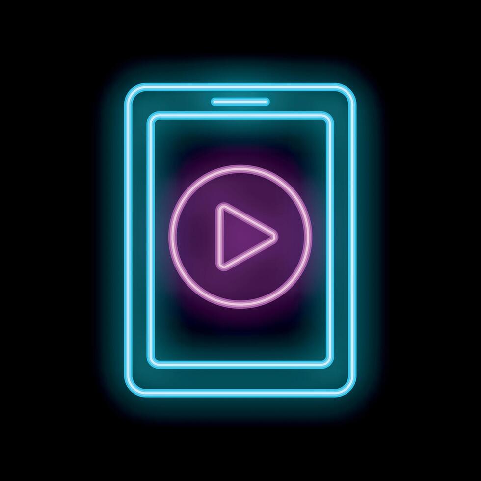 Neon smartphone showing play button icon on black background vector