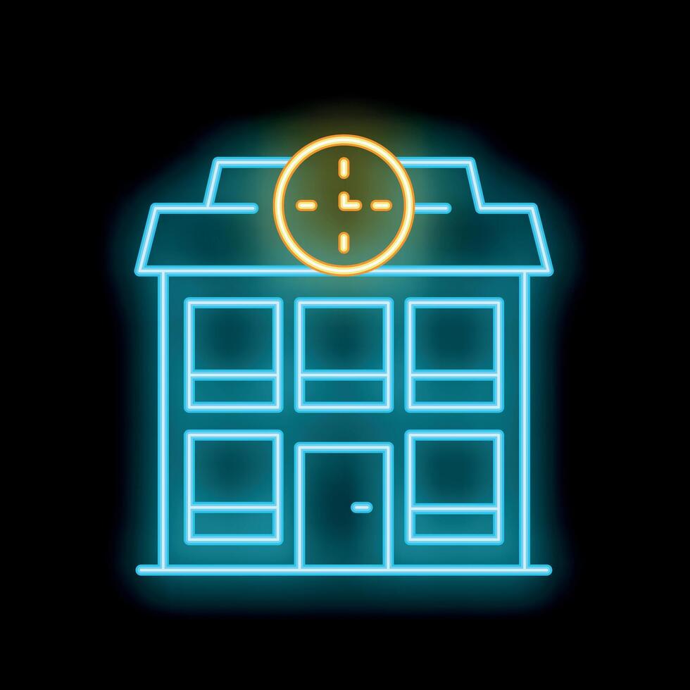 Neon blue office building with clock over roof at night illustration vector