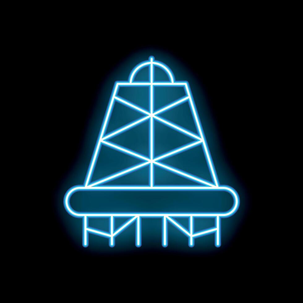 Blue neon sign of a geodetic tower standing on a black background vector