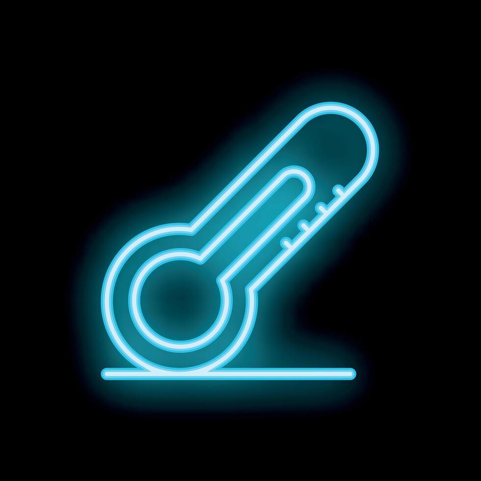 Blue neon thermometer icon glowing against a black background vector