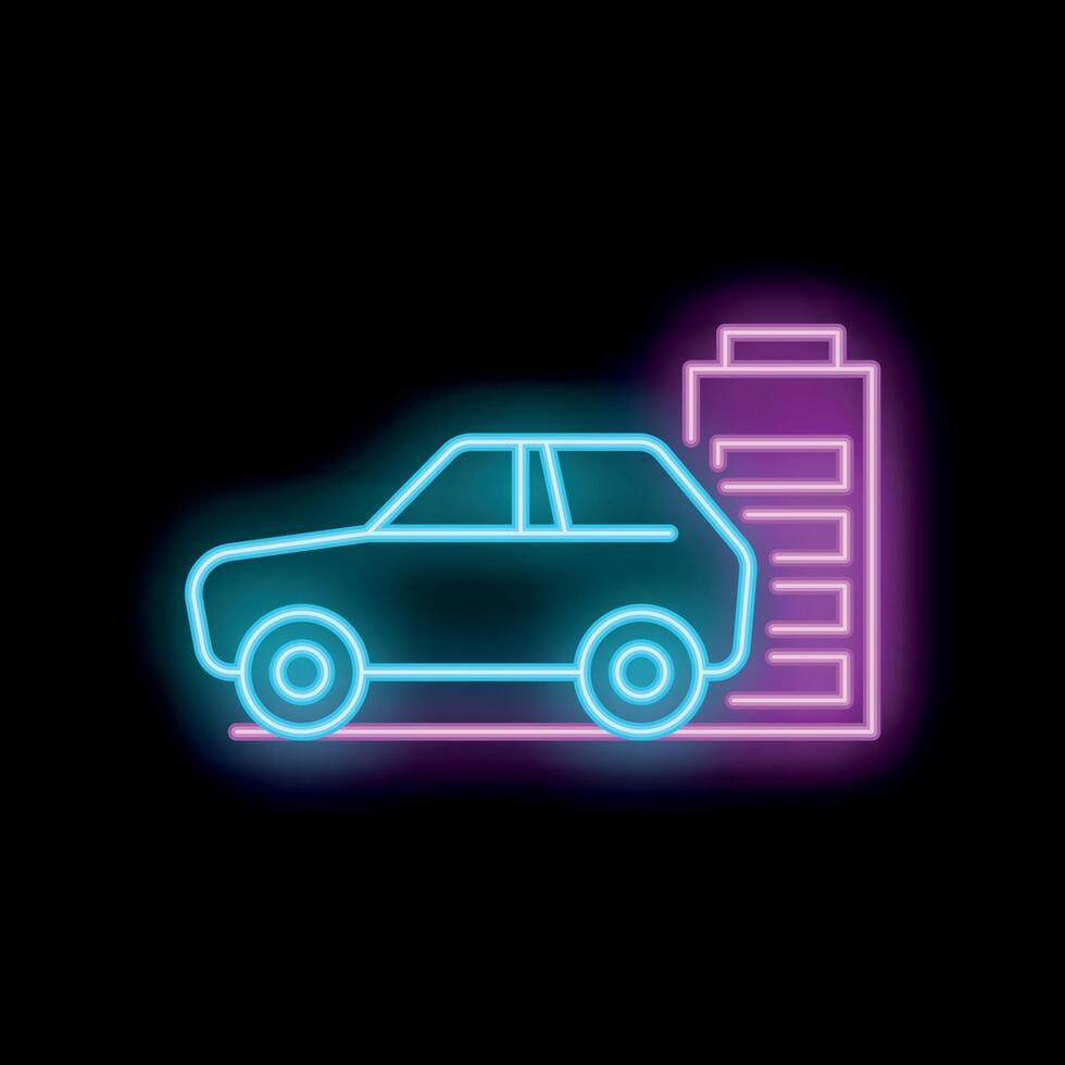 Neon icon of electric car charging at charging station on black background vector