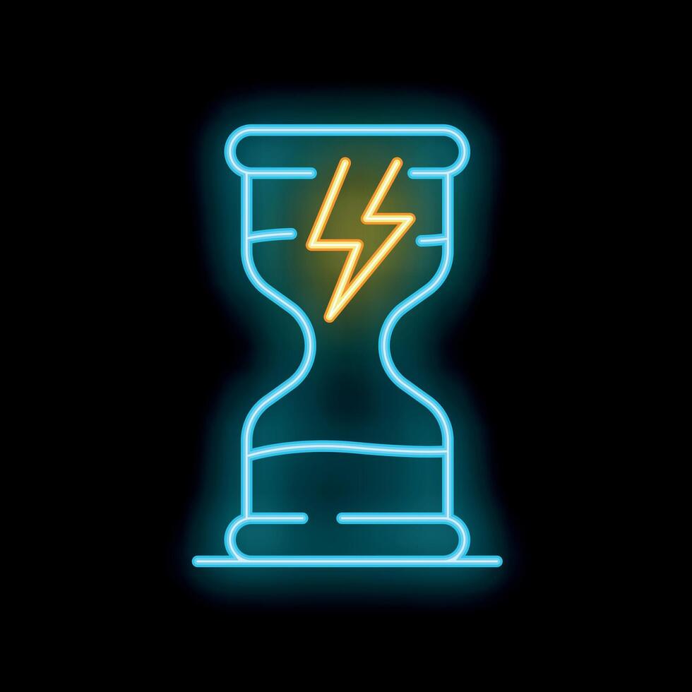Neon hourglass showing time management concept with lightning bolt inside vector